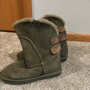 Olive Green Suede Boots with Buckle Accents